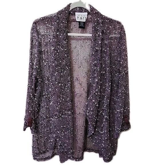 KEREN HART Tan-Open-weave, textured look w/Asymmetrical lower edge Cardigan-XL - Picture 1 of 14